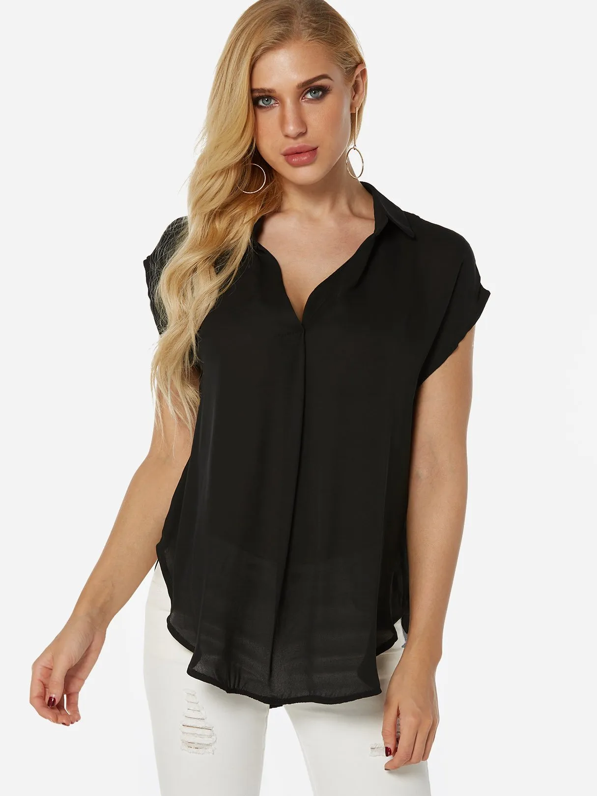 Custom V-Neck Plain Short Sleeve Irregular Hem Blouses