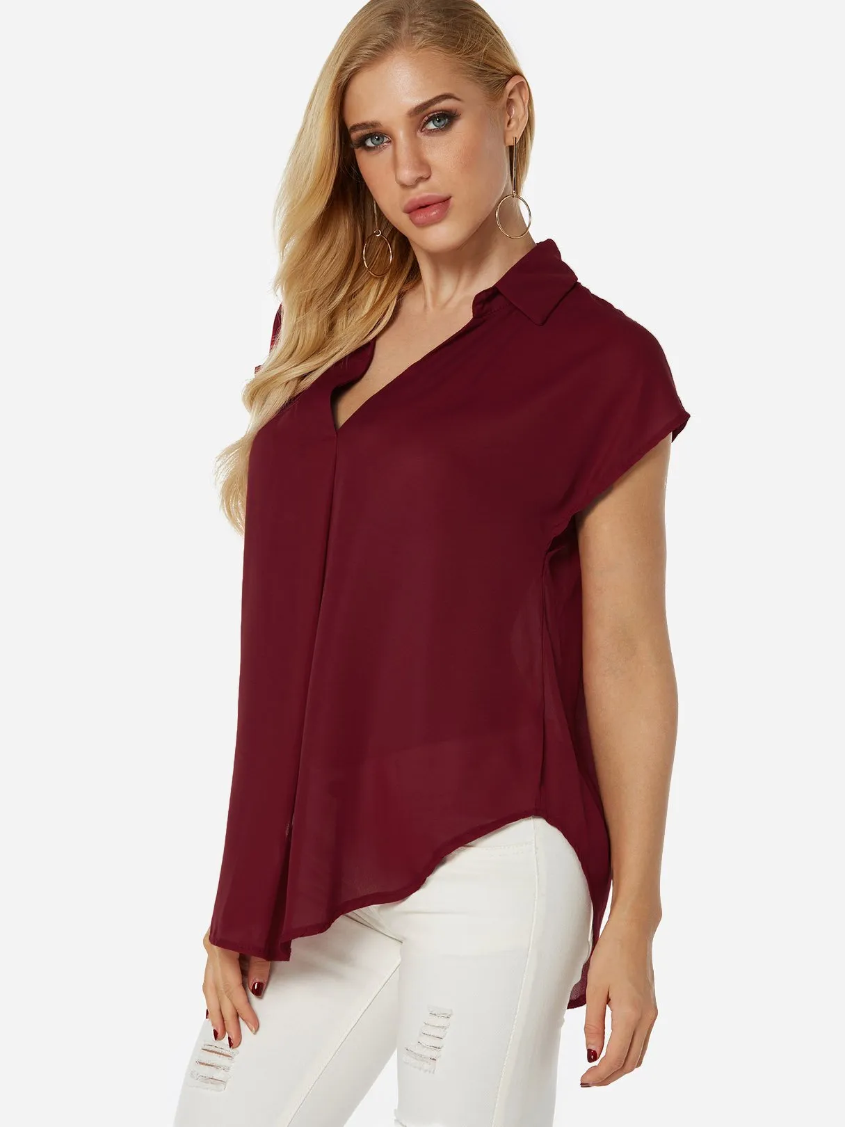 Custom V-Neck Plain Short Sleeve Irregular Hem Blouses