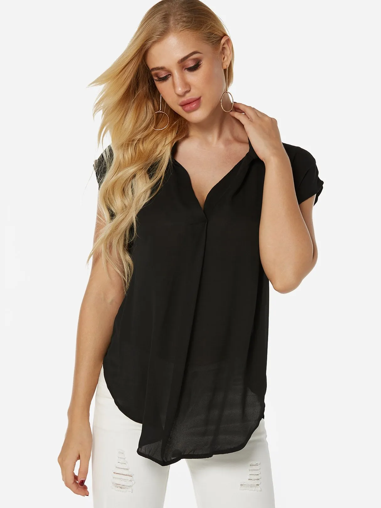 Custom V-Neck Plain Short Sleeve Irregular Hem Blouses