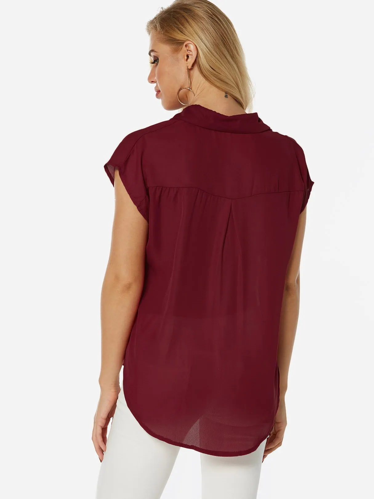 Custom V-Neck Plain Short Sleeve Irregular Hem Blouses