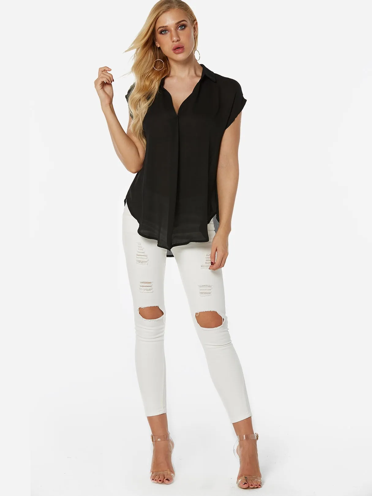 Custom V-Neck Plain Short Sleeve Irregular Hem Blouses