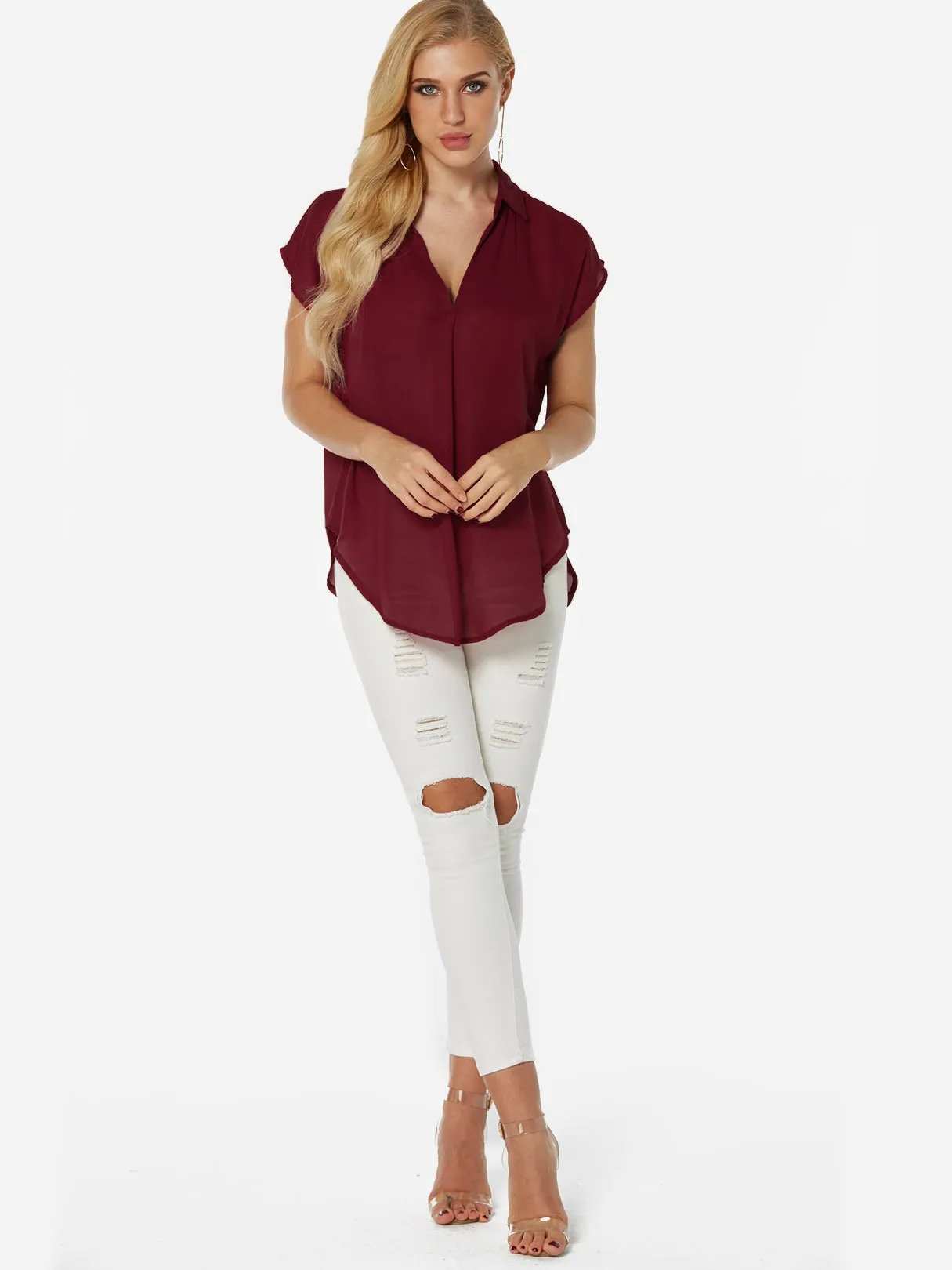 Custom V-Neck Plain Short Sleeve Irregular Hem Blouses