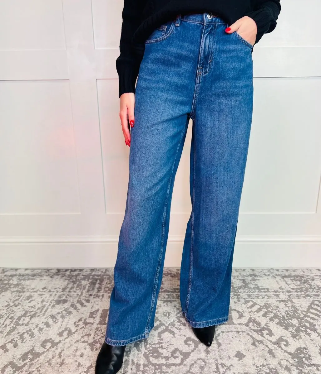 Dark Blue Denim Wide Leg Jeans