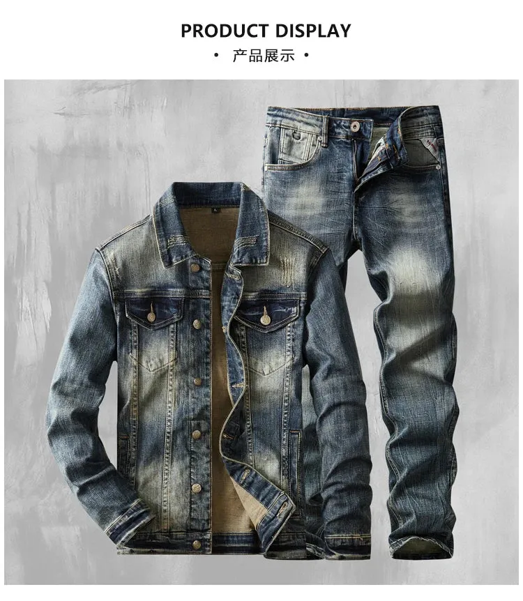 Denim Two Piece Set Slim Fit Jacket Jeans Sets Vintage Denim-Blue Suit