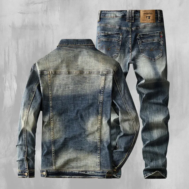 Denim Two Piece Set Slim Fit Jacket Jeans Sets Vintage Denim-Blue Suit