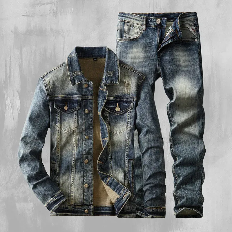 Denim Two Piece Set Slim Fit Jacket Jeans Sets Vintage Denim-Blue Suit