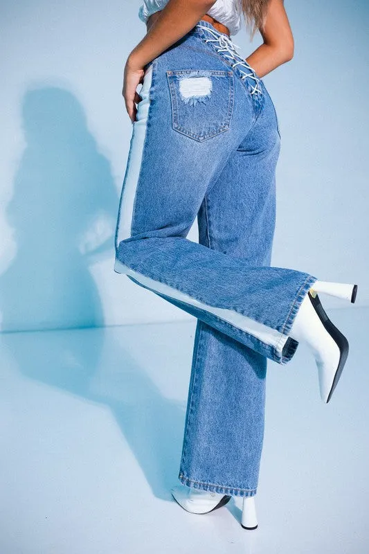 Denim-White Color Block Back Lace-up Detail Straight Jeans