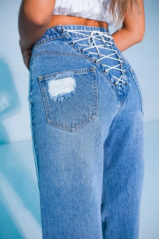 Denim-White Color Block Back Lace-up Detail Straight Jeans