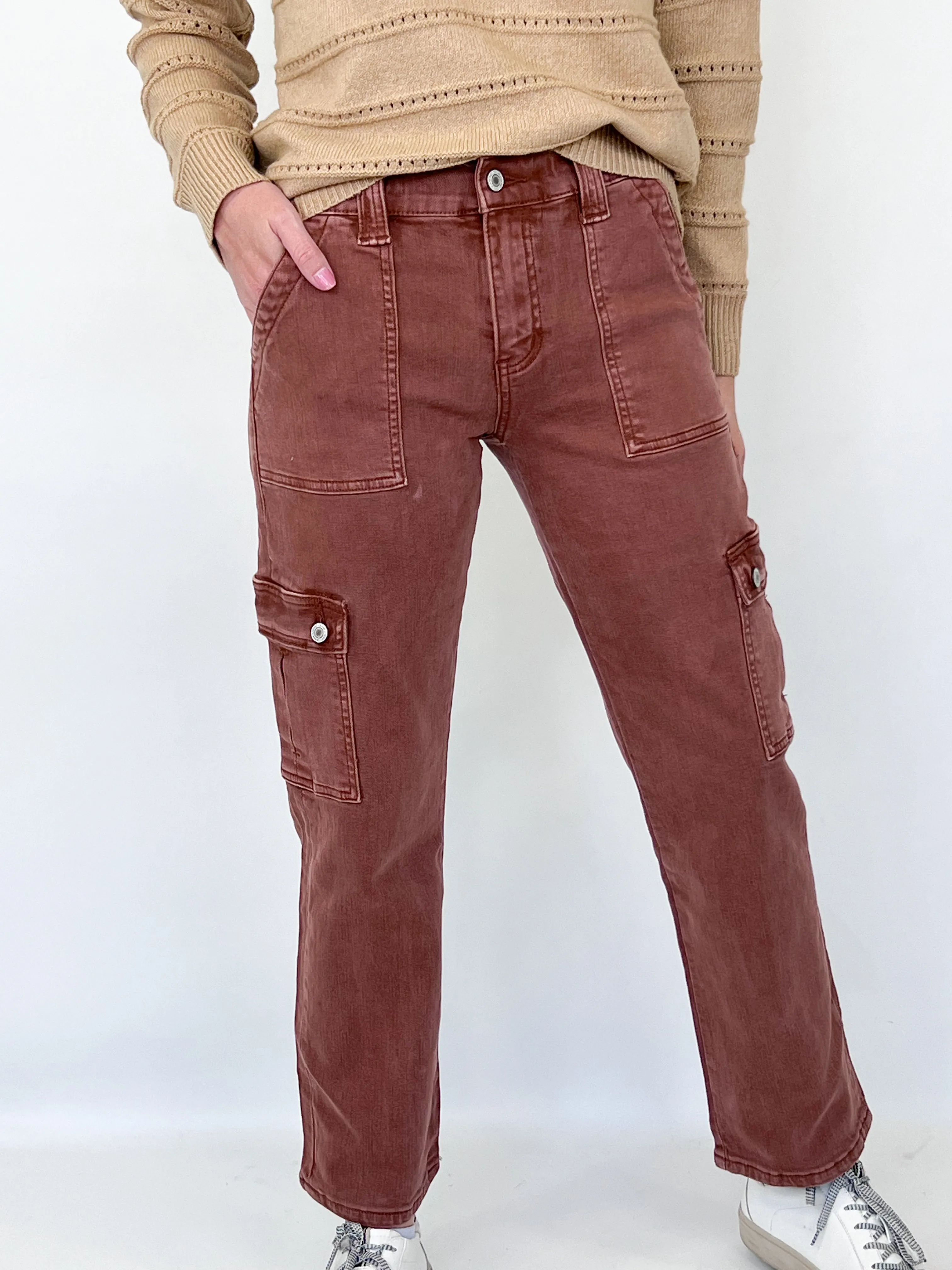 Dixie - High Rise Straight Leg Cargo Jeans (Red Brick)