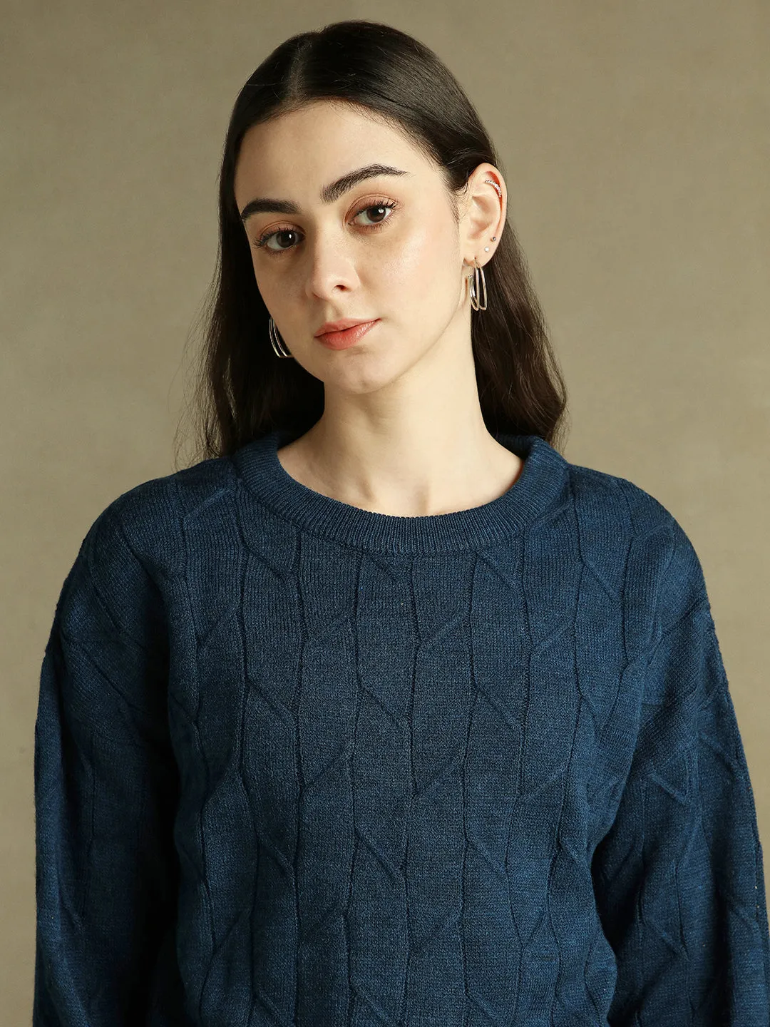 DL Woman Round Neck Solid Mid Blue Full Sleeves Pullover Sweater