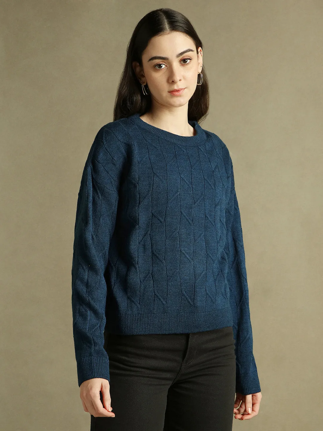 DL Woman Round Neck Solid Mid Blue Full Sleeves Pullover Sweater