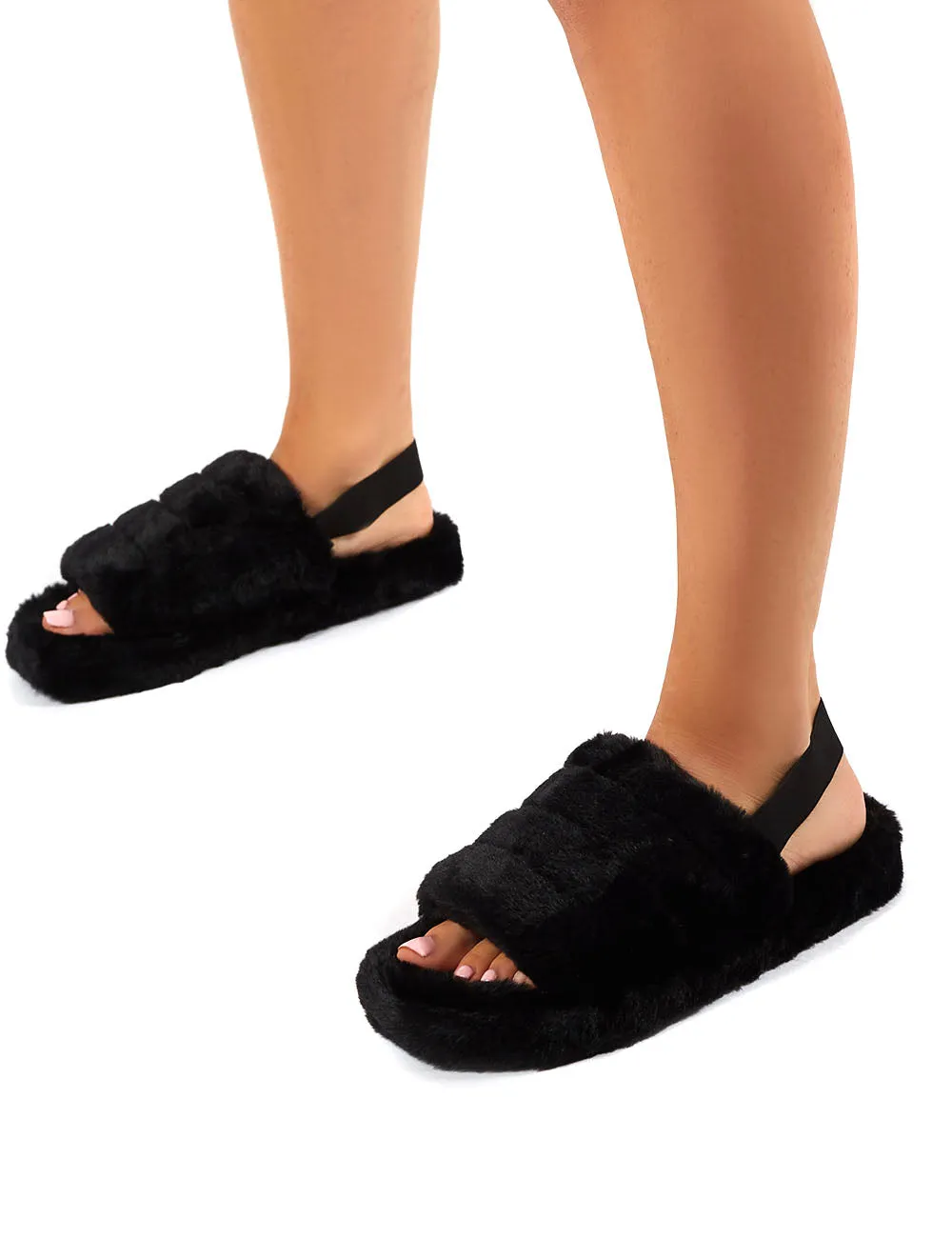 Dreamtime Black Fluffy Strap Back Slippers