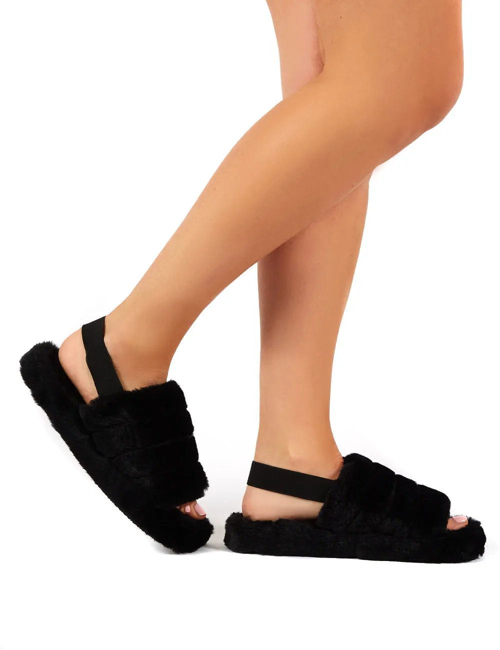 Dreamtime Black Fluffy Strap Back Slippers