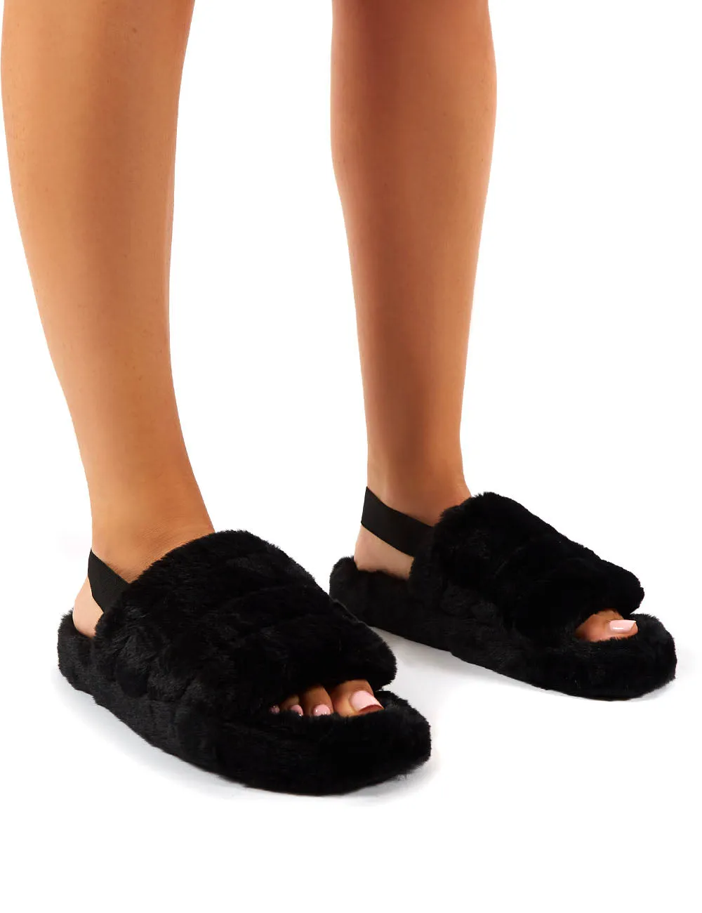 Dreamtime Black Fluffy Strap Back Slippers