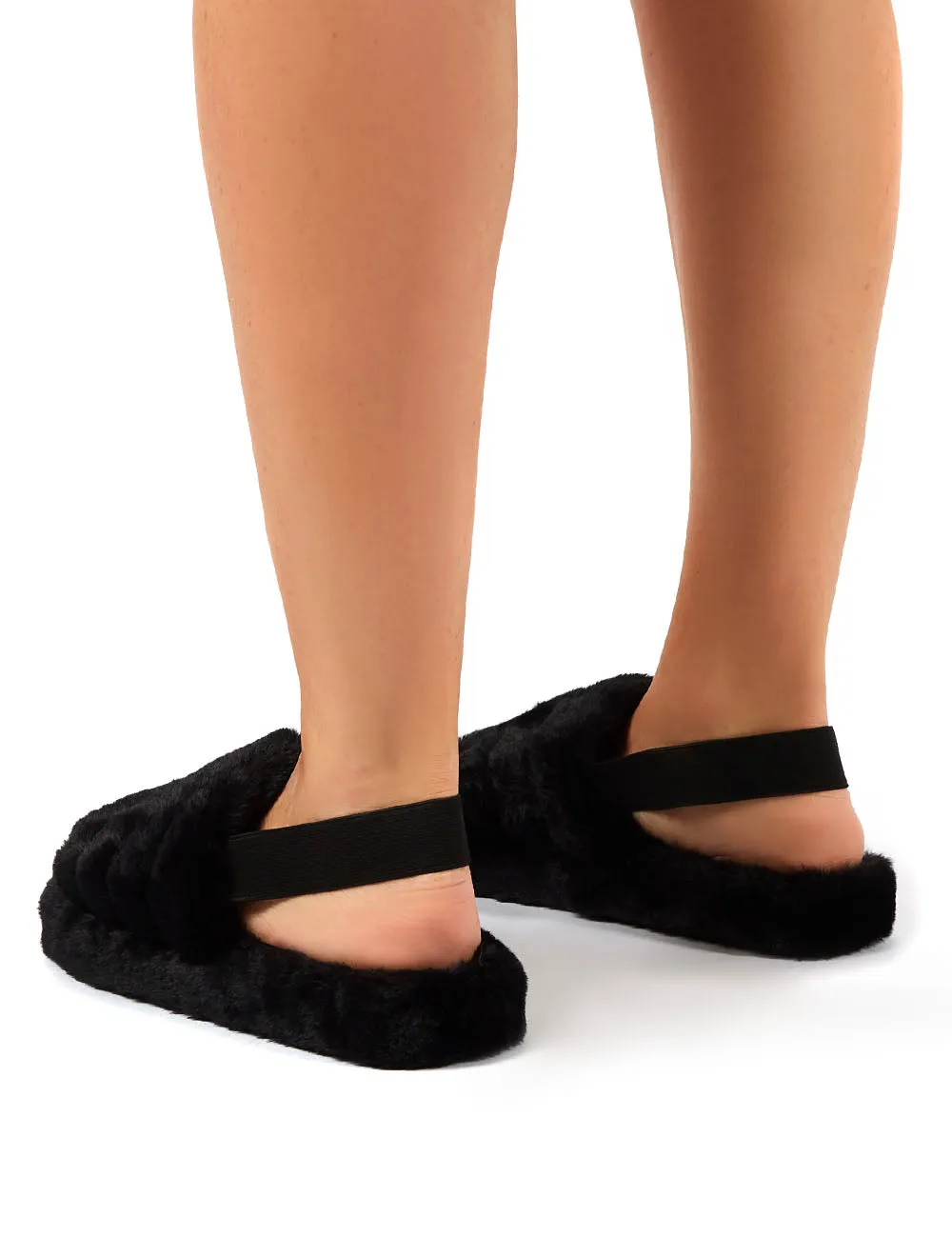 Dreamtime Black Fluffy Strap Back Slippers