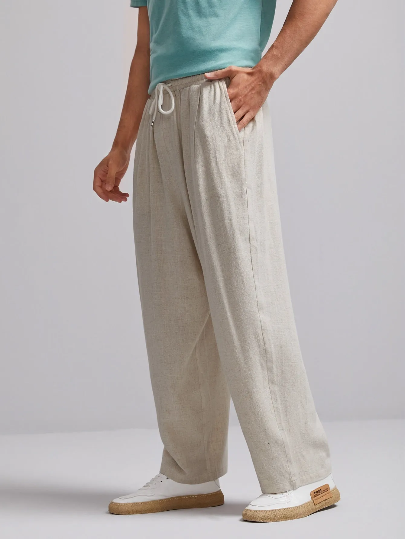 Elastic Waist Solid Slant Pocket Wide Leg Trousers