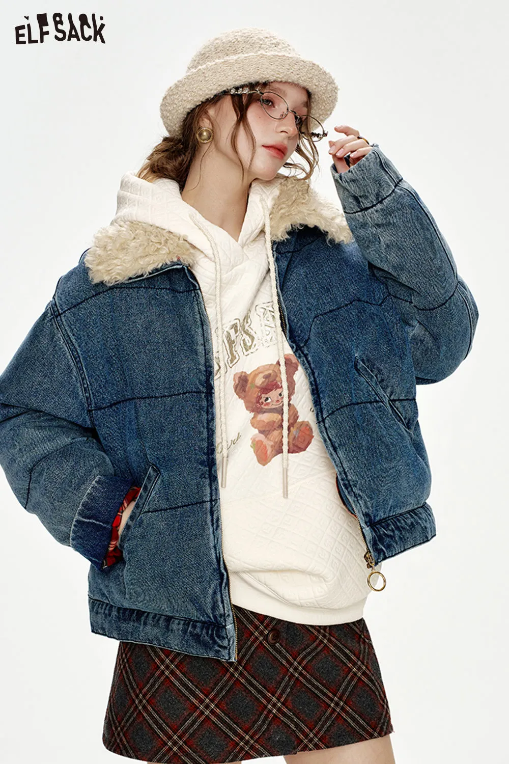 ELFSACK 2024 Winter New Arrivals Retro Fake Fur Collar Denim Blue Thickened Short Jacket Women