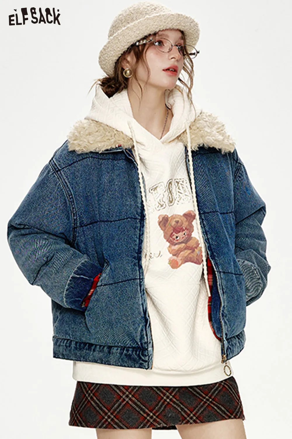 ELFSACK 2024 Winter New Arrivals Retro Fake Fur Collar Denim Blue Thickened Short Jacket Women