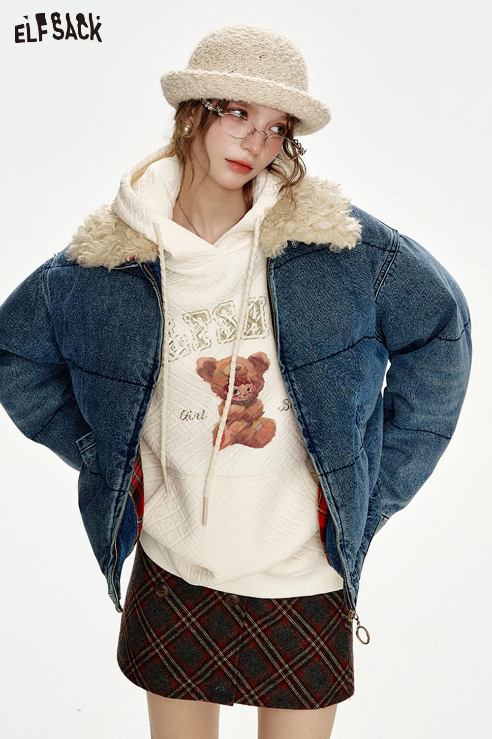 ELFSACK 2024 Winter New Arrivals Retro Fake Fur Collar Denim Blue Thickened Short Jacket Women