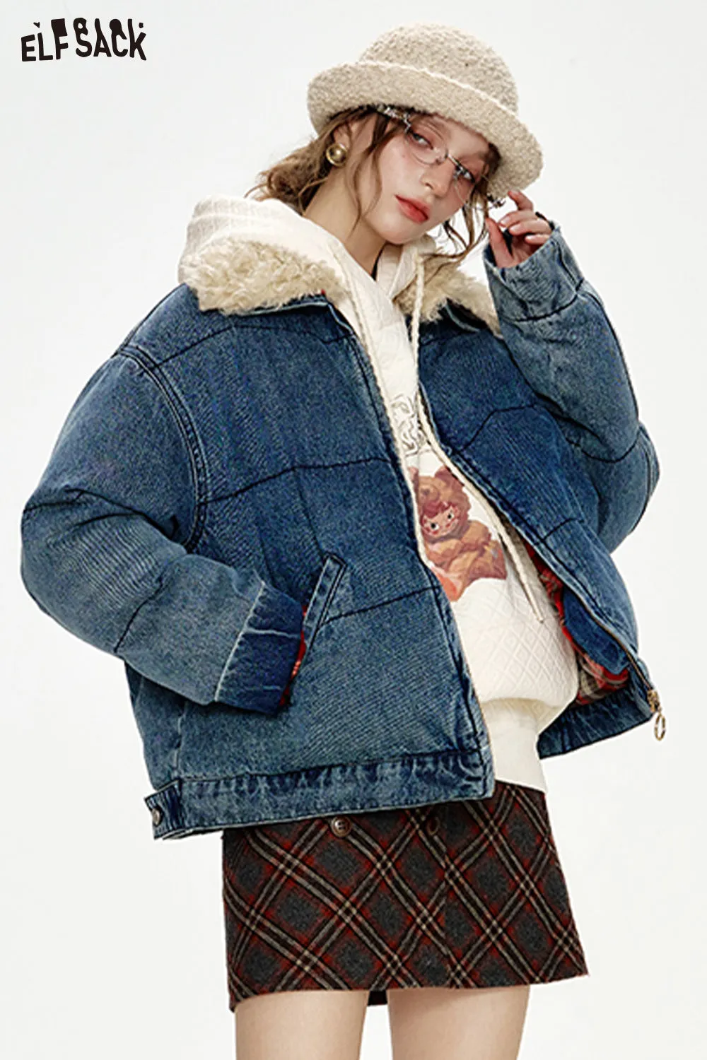 ELFSACK 2024 Winter New Arrivals Retro Fake Fur Collar Denim Blue Thickened Short Jacket Women