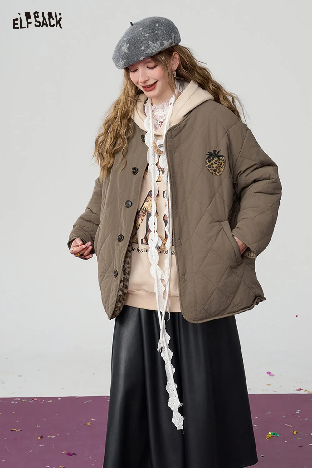 ELFSACK 2024 Winter New Arrivals Reversible Brown Leopard Print Plush Thickened Coat for Women