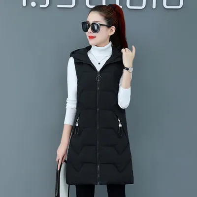 Fashion New Autumn Winter Long Cotton Vest Women Jacket Korean Hooded Sleeveless Coat Plus Size Slim Warm Ladies Waistcoat 3XL