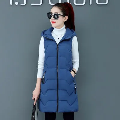 Fashion New Autumn Winter Long Cotton Vest Women Jacket Korean Hooded Sleeveless Coat Plus Size Slim Warm Ladies Waistcoat 3XL