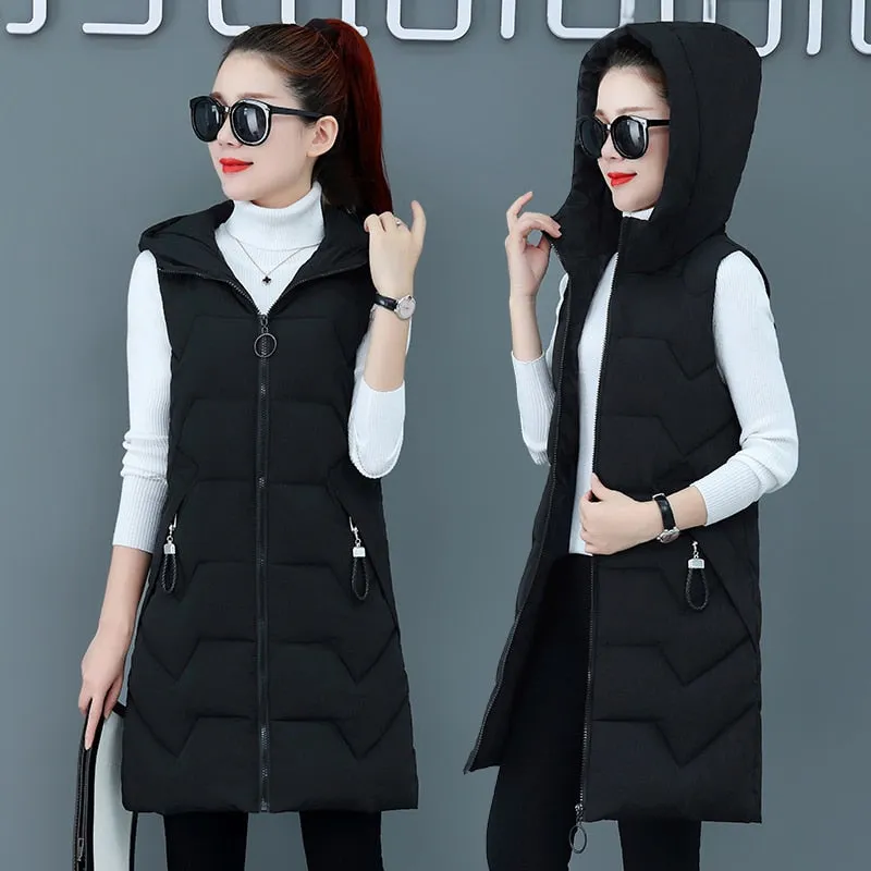 Fashion New Autumn Winter Long Cotton Vest Women Jacket Korean Hooded Sleeveless Coat Plus Size Slim Warm Ladies Waistcoat 3XL