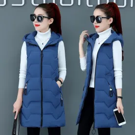 Fashion New Autumn Winter Long Cotton Vest Women Jacket Korean Hooded Sleeveless Coat Plus Size Slim Warm Ladies Waistcoat 3XL