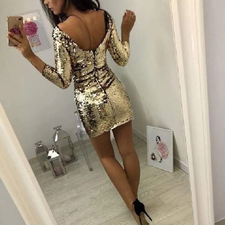 FashionSierra - Ladies Formal Evening Party Sexy Sequin Club Short Dresses Sexy Vestidos Autumn Dresses Women Golden Sequins Bodycon Dress