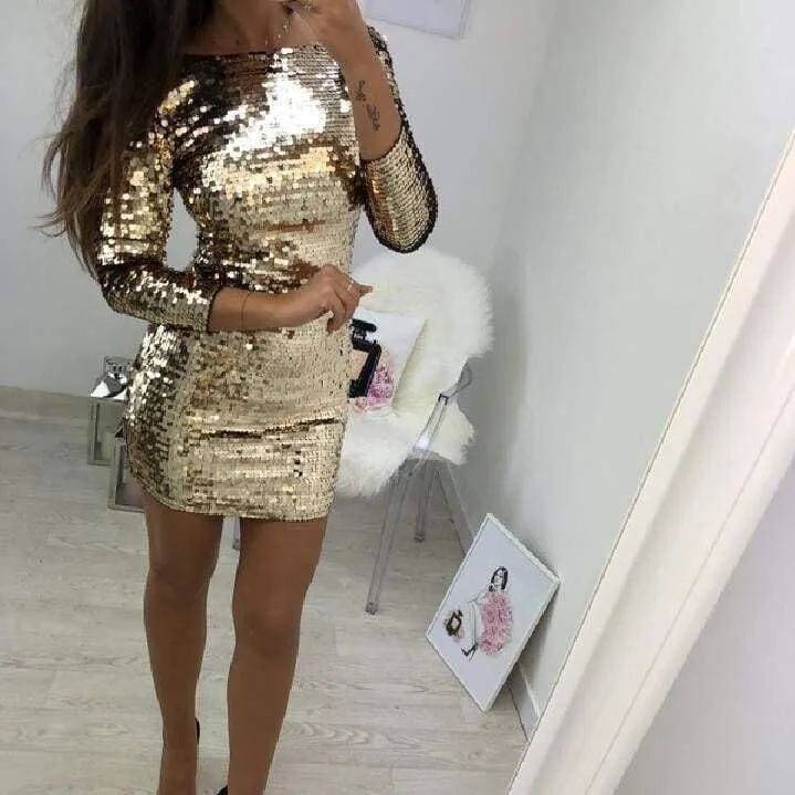 FashionSierra - Ladies Formal Evening Party Sexy Sequin Club Short Dresses Sexy Vestidos Autumn Dresses Women Golden Sequins Bodycon Dress