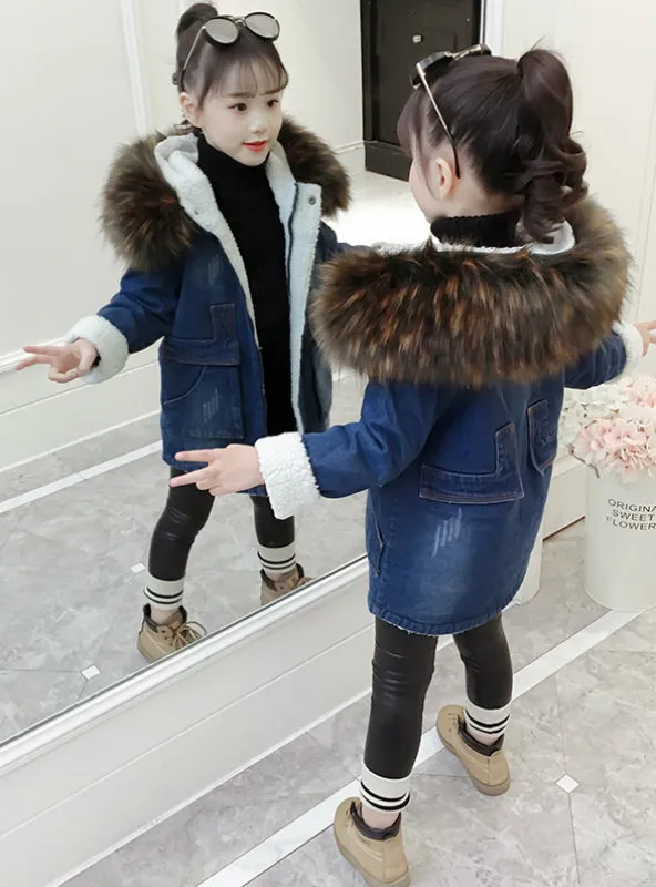 Girl's Denim Cotton-Padded long jacket