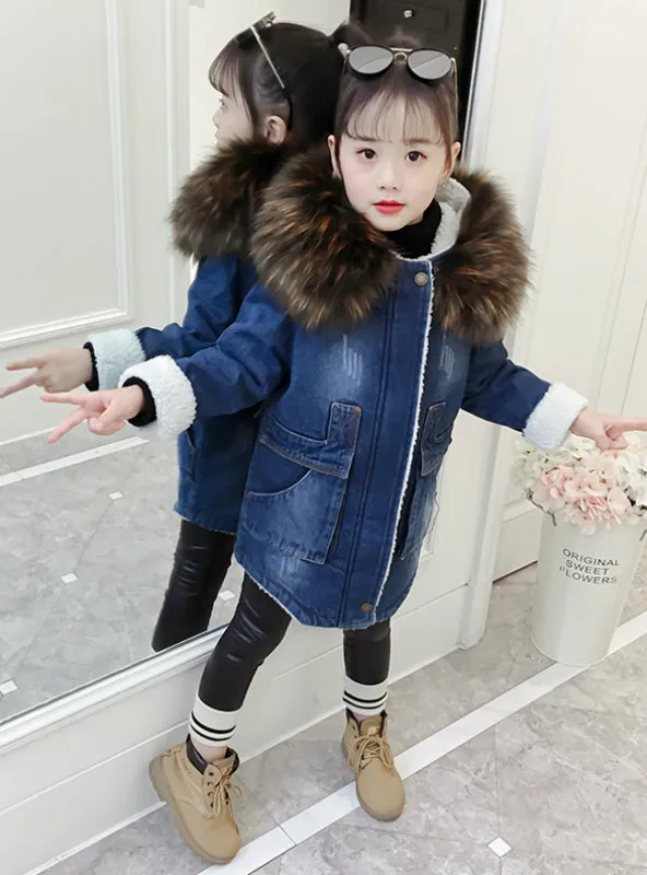 Girl's Denim Cotton-Padded long jacket