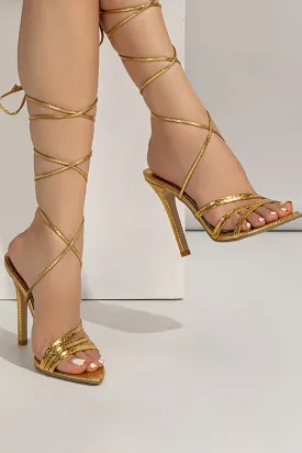 Golden Open Toe Stiletto Sandals with Lace-up