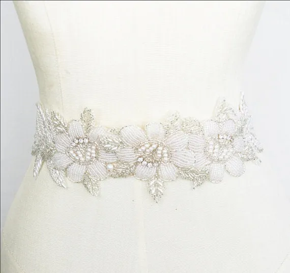 Gorgeous Crystal Rhinestone Bridal Belt, Pearl Bridal Belt,Beaded Flower Wedding Belt, White Sash, SA0037