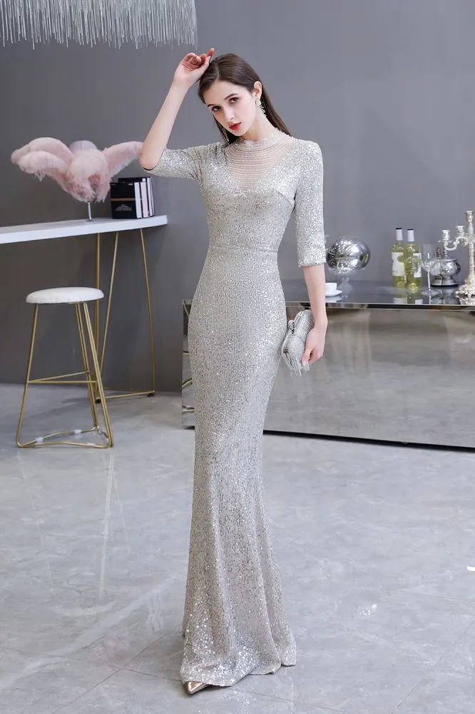 Gorgeous Silver Long Sleeves Long Prom Dress