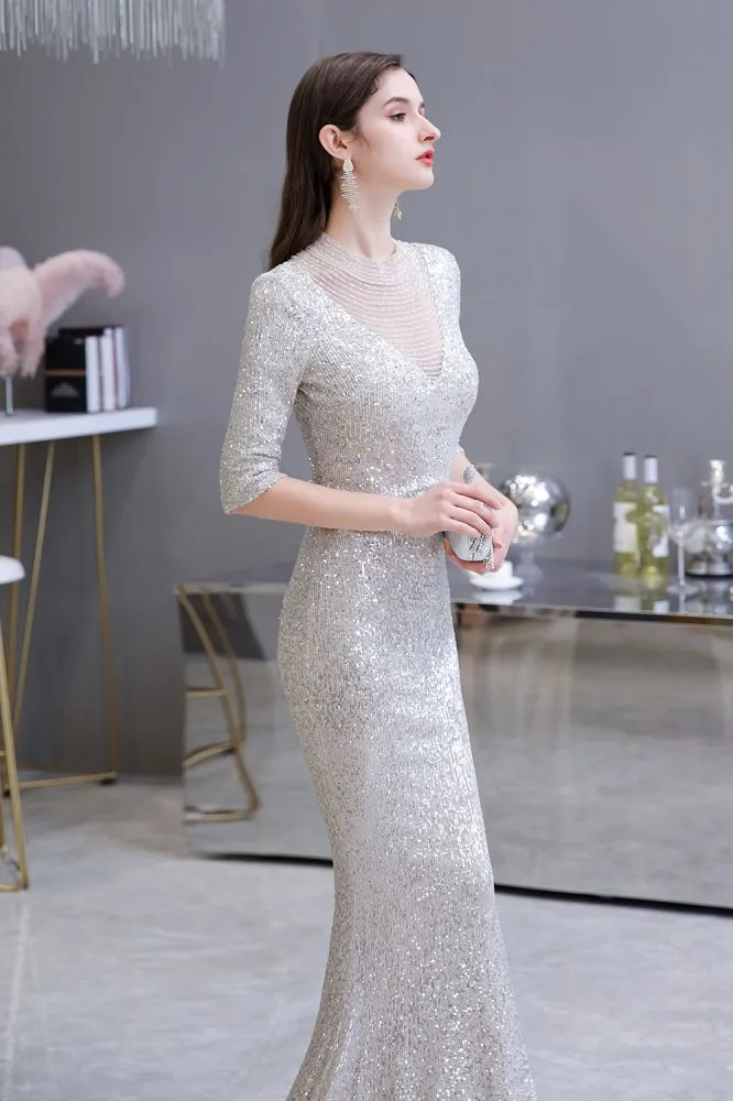 Gorgeous Silver Long Sleeves Long Prom Dress