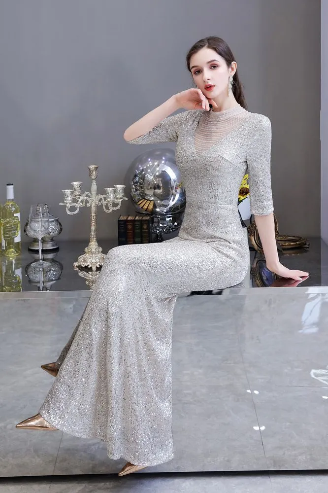 Gorgeous Silver Long Sleeves Long Prom Dress