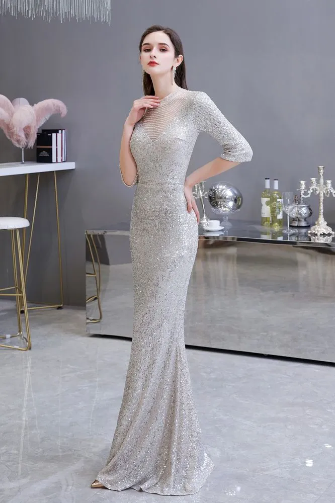 Gorgeous Silver Long Sleeves Long Prom Dress