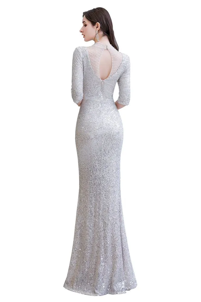 Gorgeous Silver Long Sleeves Long Prom Dress