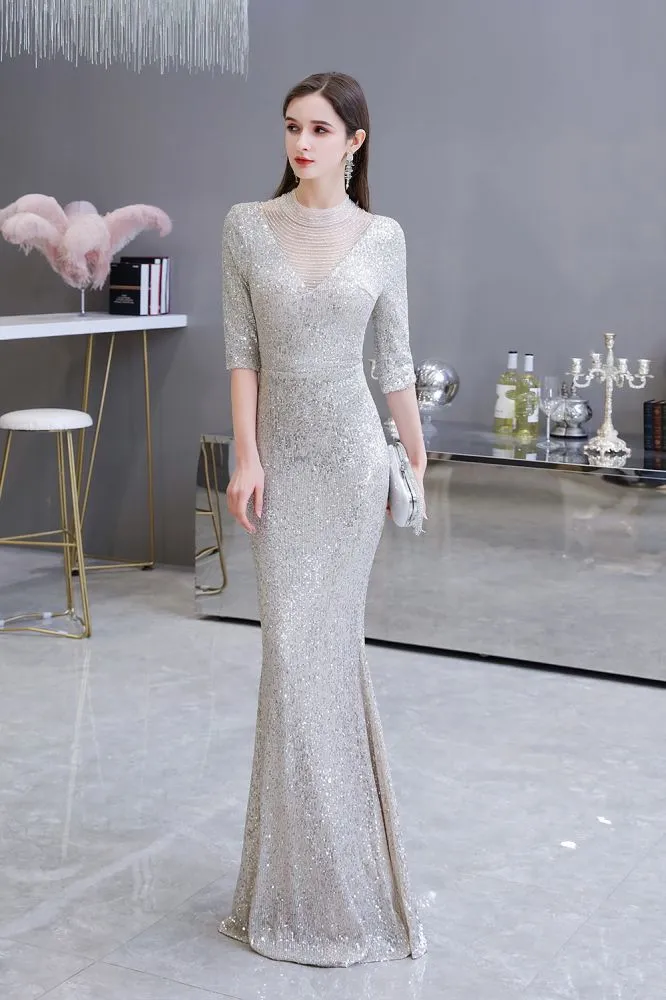 Gorgeous Silver Long Sleeves Long Prom Dress