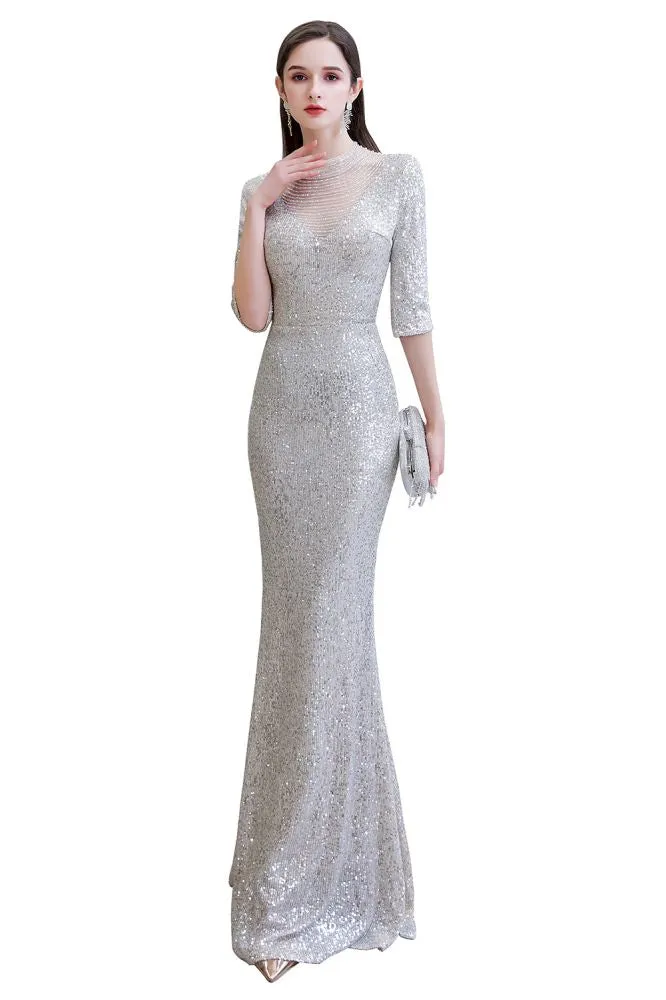 Gorgeous Silver Long Sleeves Long Prom Dress