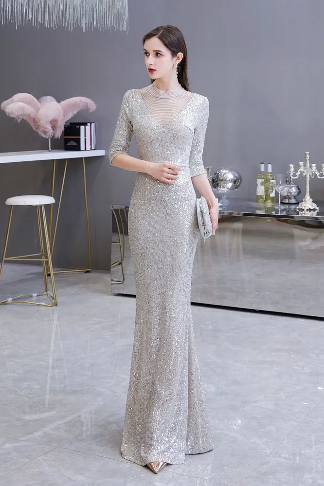 Gorgeous Silver Long Sleeves Long Prom Dress