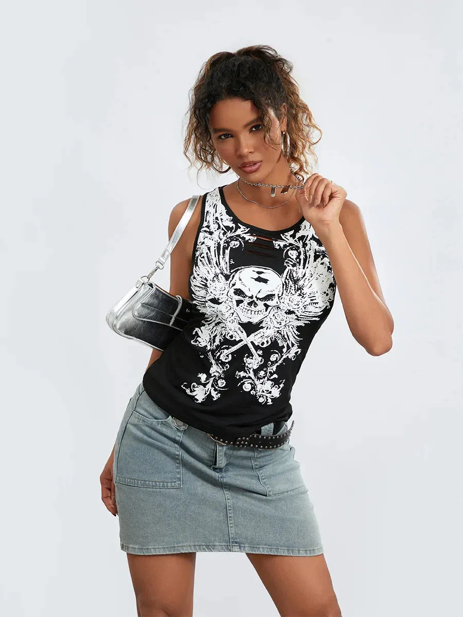 Goth Crop Grunge Print Running Tank Fairy Summer Skull Hollow-Out Sleeveless Top