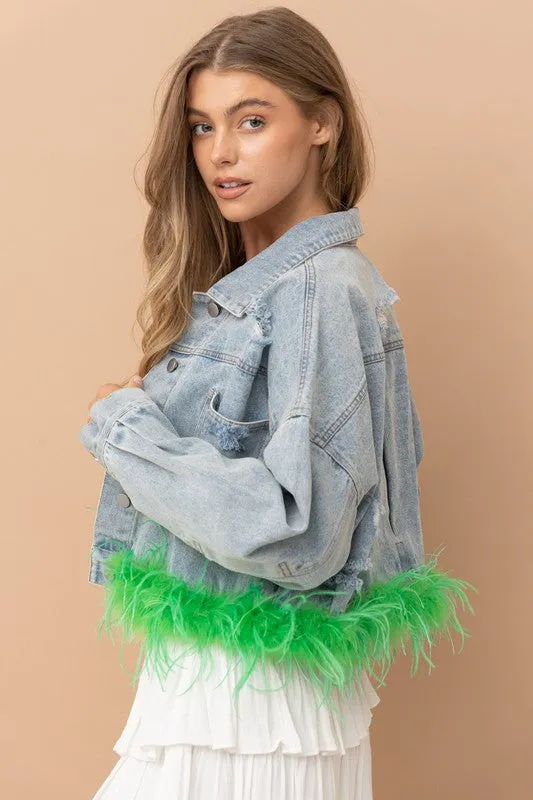 Green Denim Oversized Fur Crop Denim Jacket