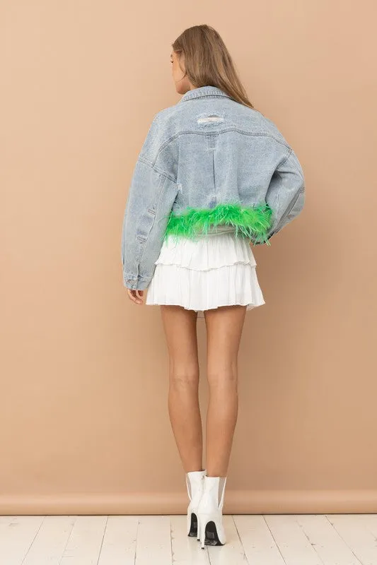 Green Denim Oversized Fur Crop Denim Jacket