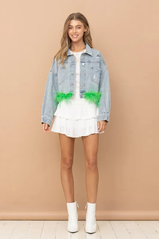 Green Denim Oversized Fur Crop Denim Jacket