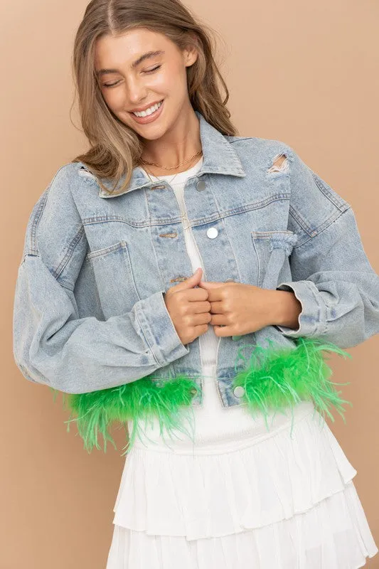 Green Denim Oversized Fur Crop Denim Jacket