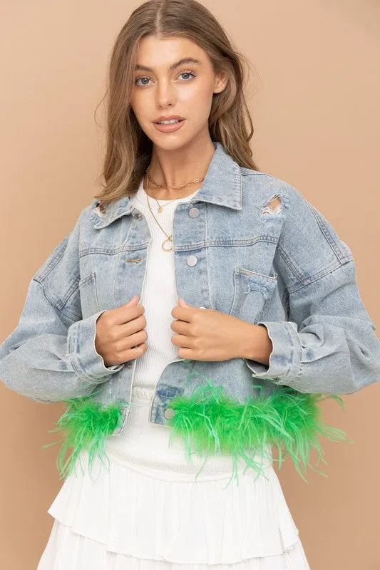 Green Denim Oversized Fur Crop Denim Jacket