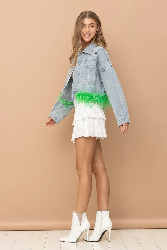 Green Denim Oversized Fur Crop Denim Jacket